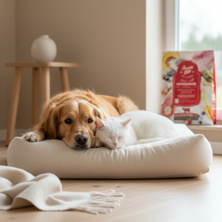 Golden Retriever en witte kat op kussen met zak Sunday Pets