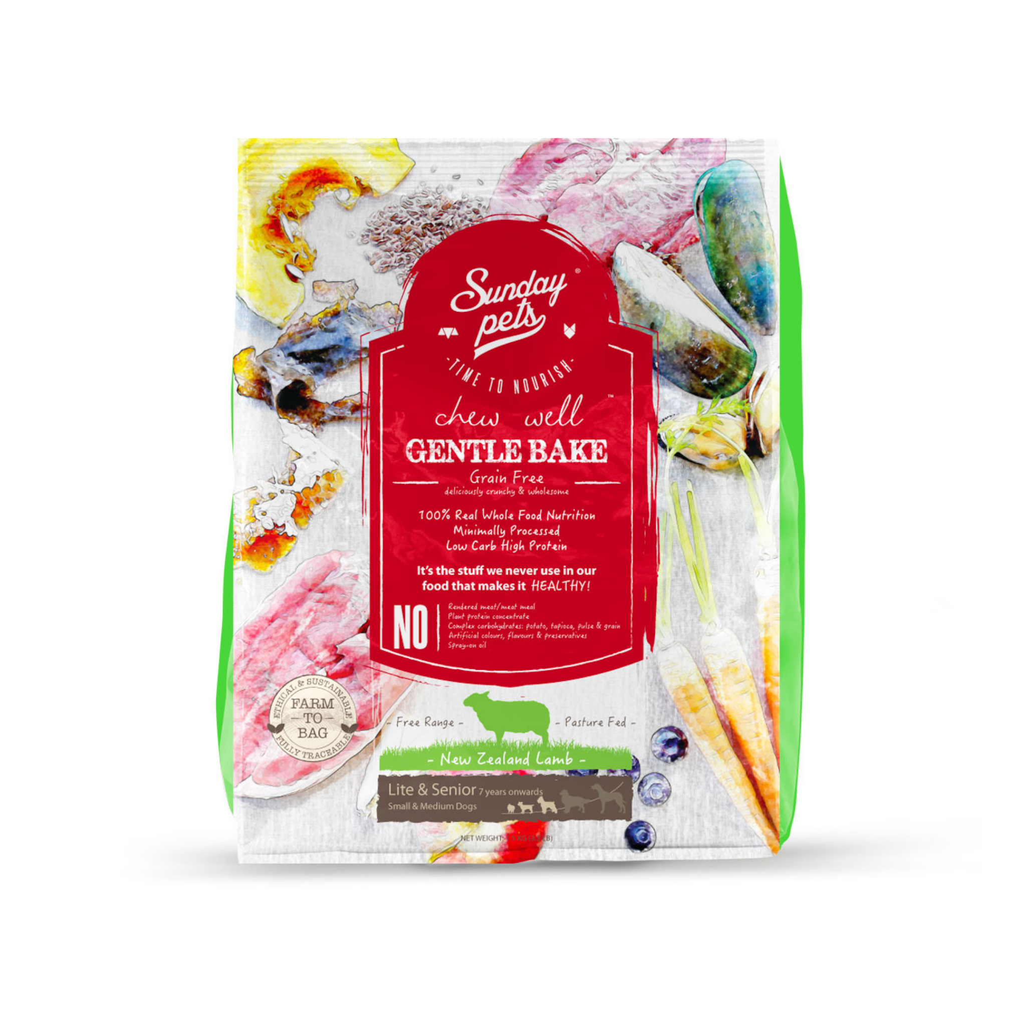 Senior en Light Hondenvoer met lamsvlees - Sunday Pets Gentle Bake 1,3kg